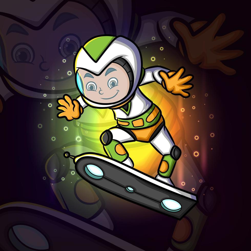 o menino cyborg está jogando o skate no design do logotipo da mascote esport espacial vetor