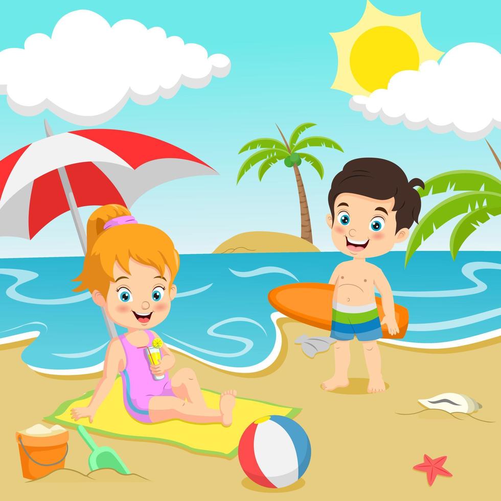 crianças dos desenhos animados na praia tropical vetor