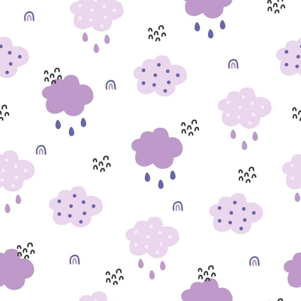 padrão sem emenda de bebê fofo com nuvens roxas e pingos de chuva em fundo branco. fundo de símbolos de nuvem para tecido infantil, berçário. ilustração vetorial de rabiscos vetor