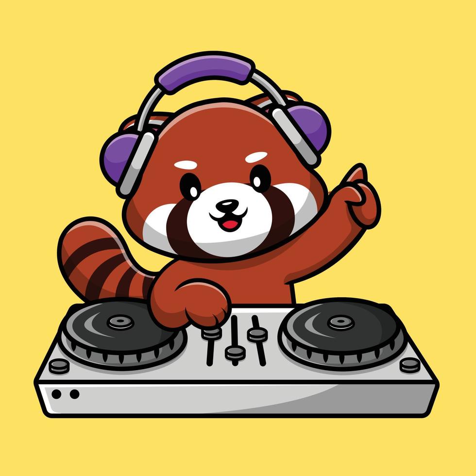 panda vermelho bonito tocando música de dj com ilustração de ícone de vetor de desenhos animados de fone de ouvido. animal tecnologia ícone conceito isolado vetor premium.