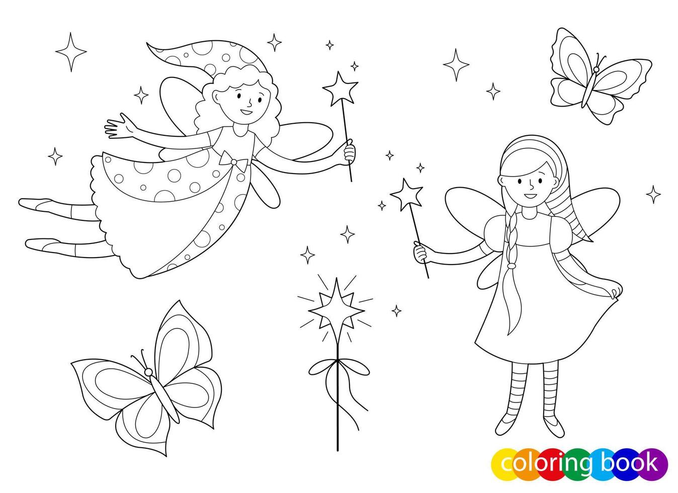 fadas de conto de fadas com varinhas mágicas para crianças de elemento de design para colorir página do livro vetor