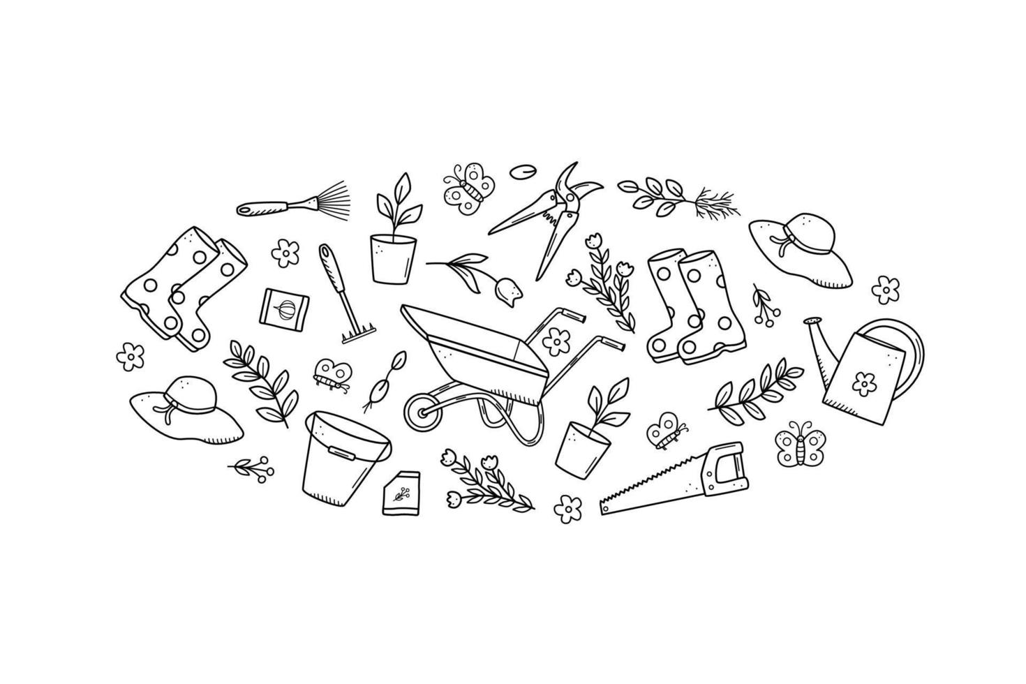 ferramentas de jardim e plantas, um conjunto de ilustrações vetoriais de doodle. jardinagem conceitual, um hobby de verão vetor