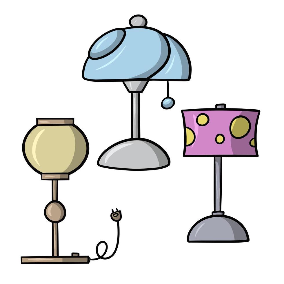 um conjunto de três candeeiros de mesa com tons diferentes, uma ilustração vetorial em estilo cartoon sobre um fundo branco. vetor