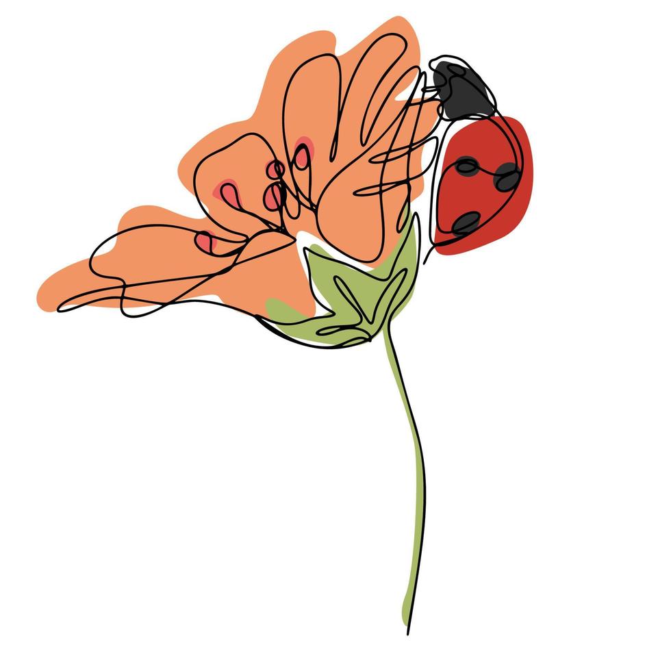 desenho de uma linha, flor de esboço de linha contínua única com joaninha vetor