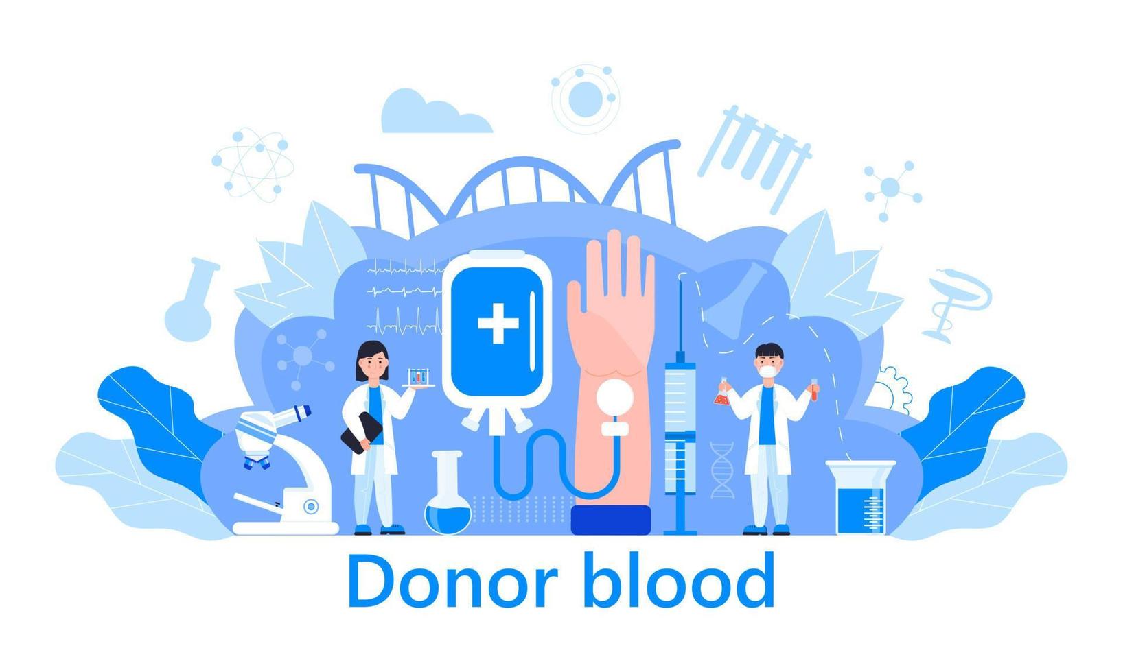 vetor de conceito do dia mundial do doador de sangue com médicos minúsculos, doação de sangue, microscópio, tubos. ilustração médica em 14 de junho é para site, página de destino, aplicativo