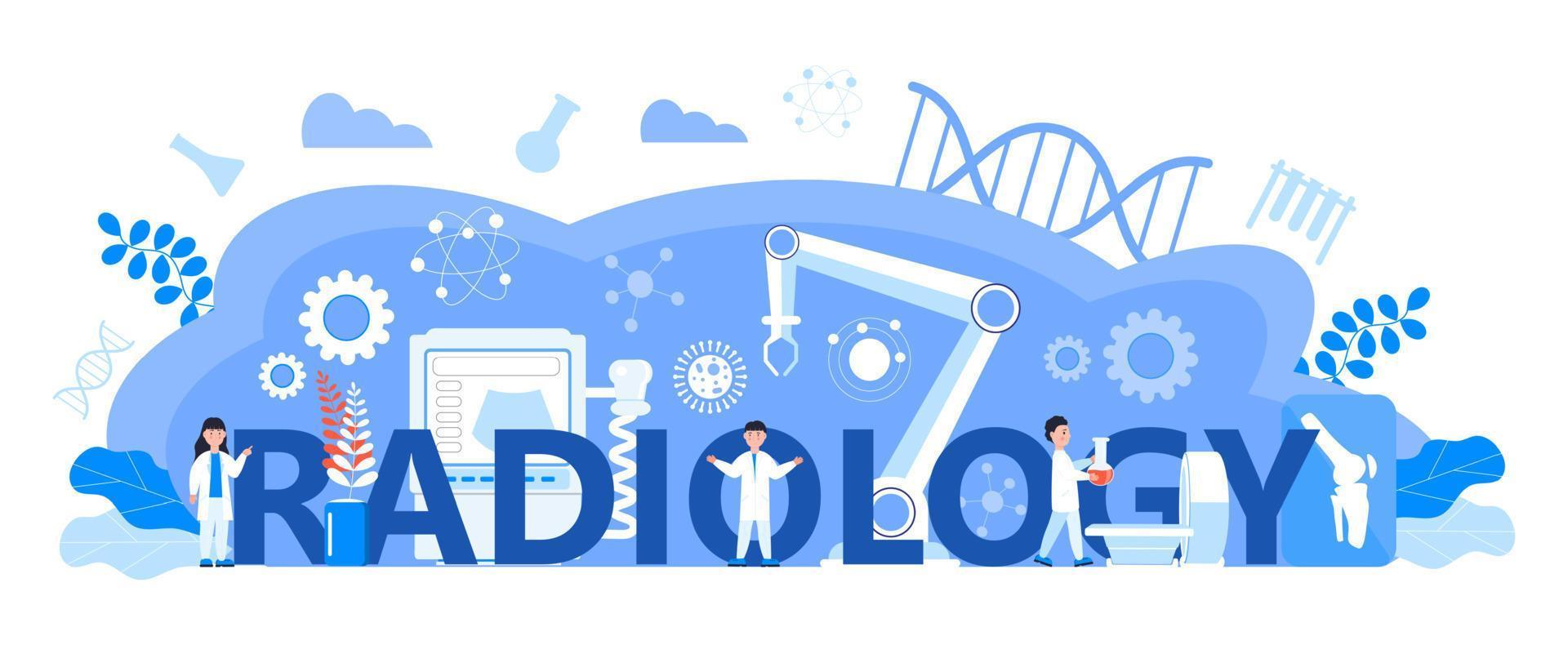 vetor de conceito de radiologia e radiologista para cabeçalho de site médico. imagem de raio-x e digitalização do paciente na clínica. máquinas de ultra-som e tomografia são mostradas.