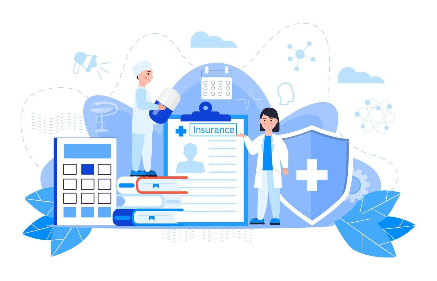 conceito de vetor de seguro de saúde, pessoas com médico preenchem seguro de formulário on-line de saúde. serviço de agente de ajuda para calcular a conta de seguro. ele pode ser usado para página de destino, interface do usuário, web, aplicativos móveis.