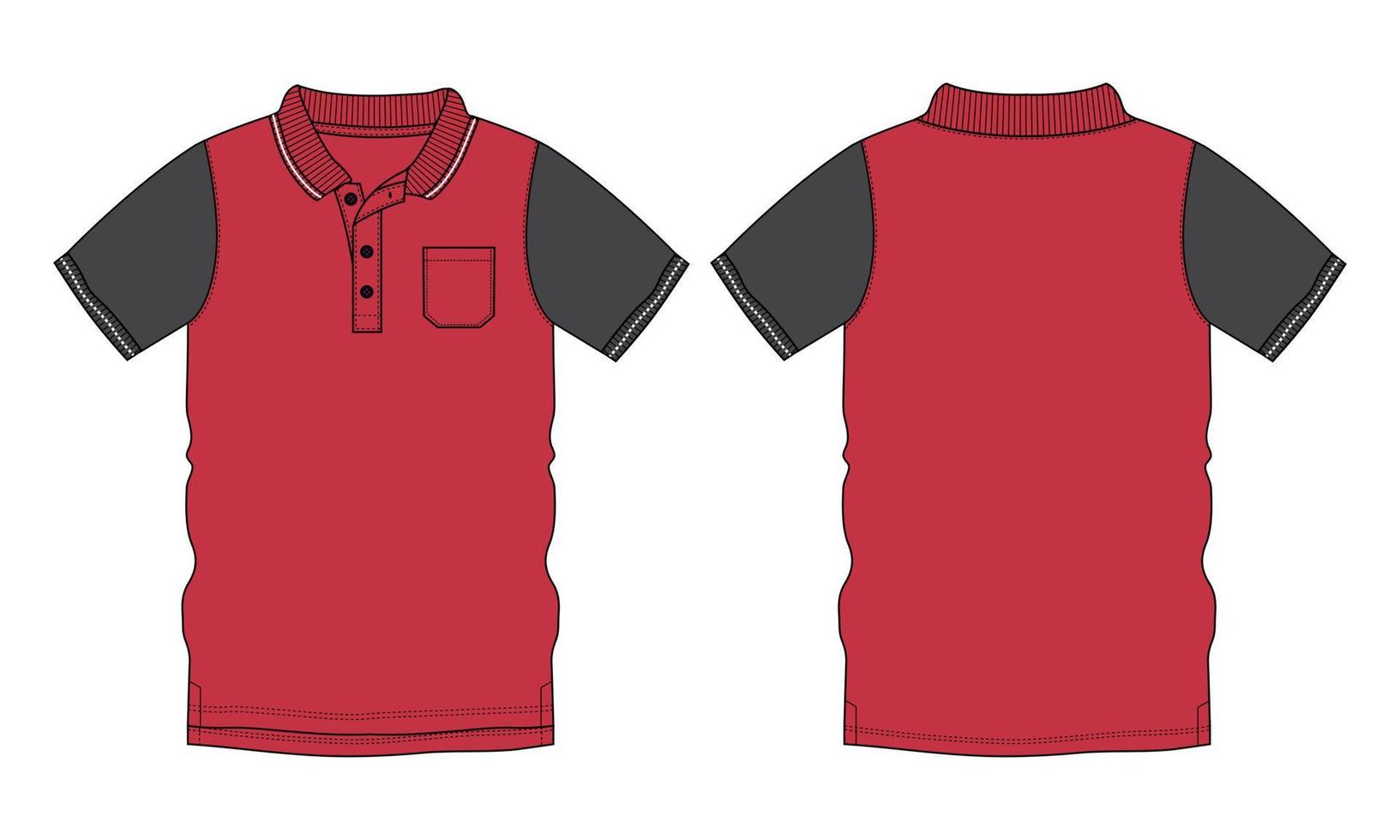 camisa polo de manga curta técnica de moda desenho plano ilustração vetorial modelo de cor vermelha vistas frontal e traseira vetor
