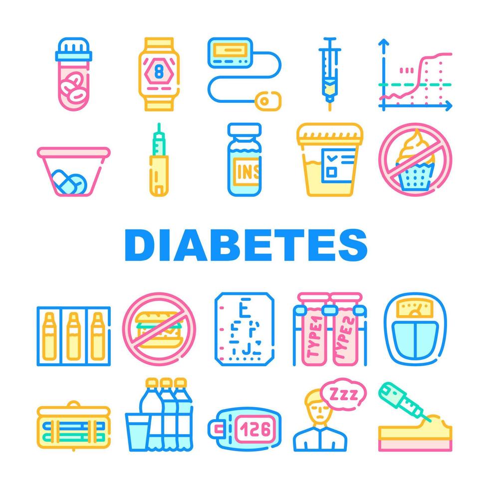 conjunto de ícones de coleção de tratamento de diabetes vetor