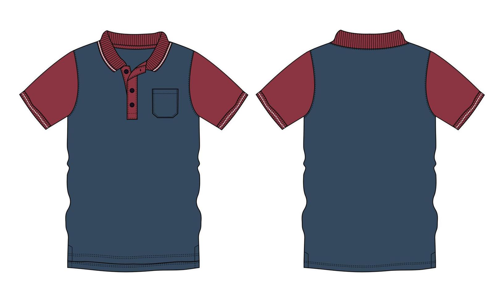 camisa polo de manga curta técnica de moda desenho plano ilustração vetorial modelo de cor azul marinho vistas frontal e traseira vetor