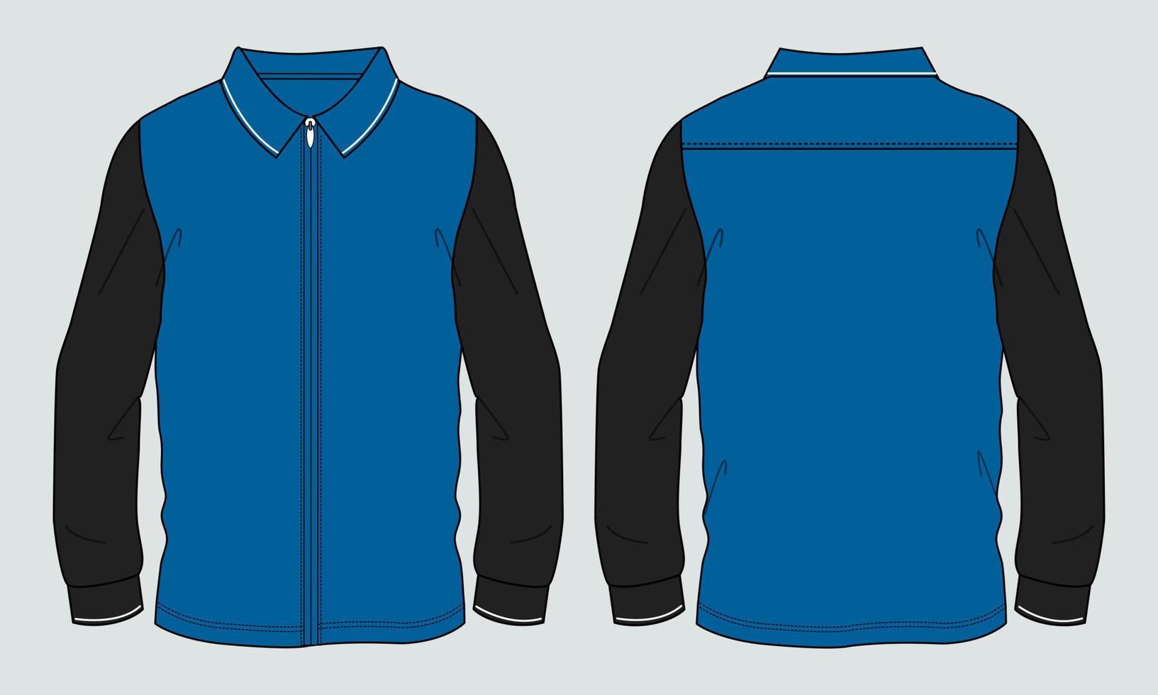 modelo de vetor de esboço plano de moda técnica de camisa de manga longa de cor azul e preto de dois tons