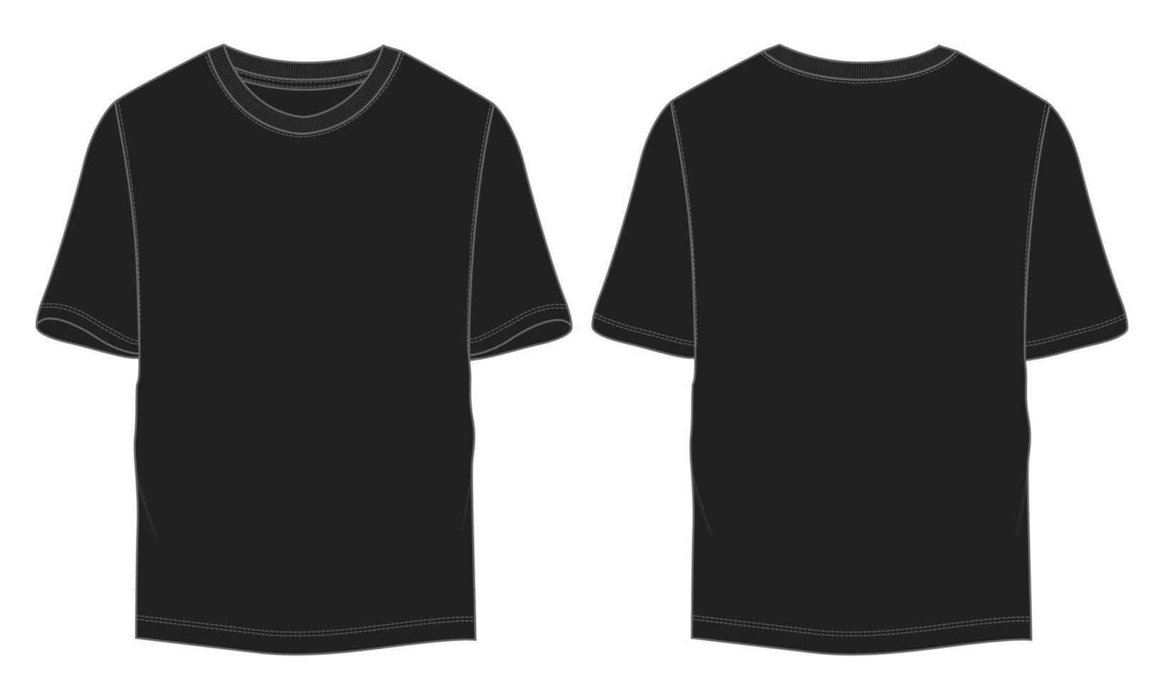 camiseta técnica de moda desenho plano ilustração vetorial modelo de cor preta vistas frontal e traseira vetor