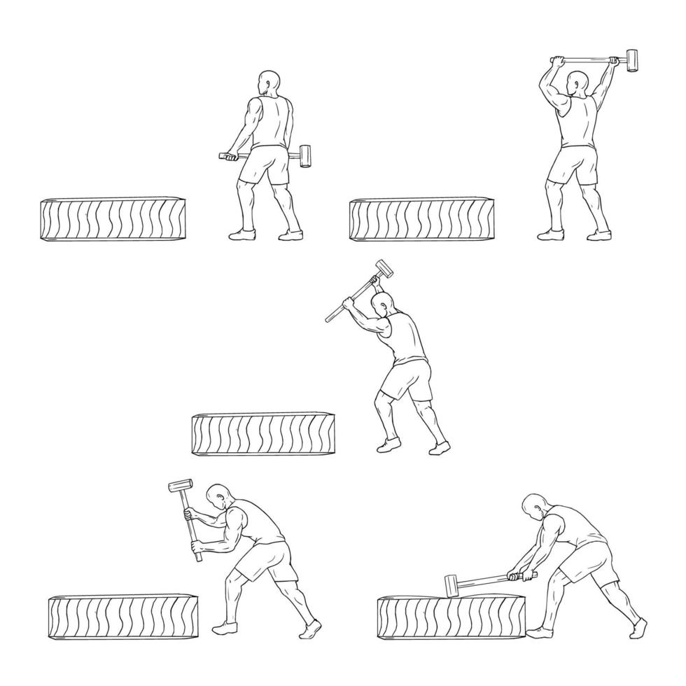 conjunto de desenho de treino de martelo de atleta de fitness vetor