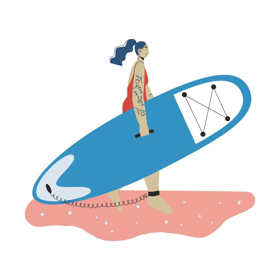 uma jovem com placa de sup de transporte de tatuagem. mulher surfista. sup embarque atividade ao ar livre. ilustração vetorial plana. vetor