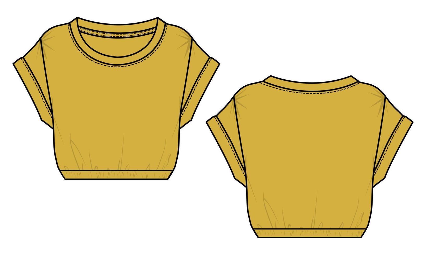 tops femininos vestido design técnico moda desenho plano ilustração vetorial modelo de cor amarela vetor