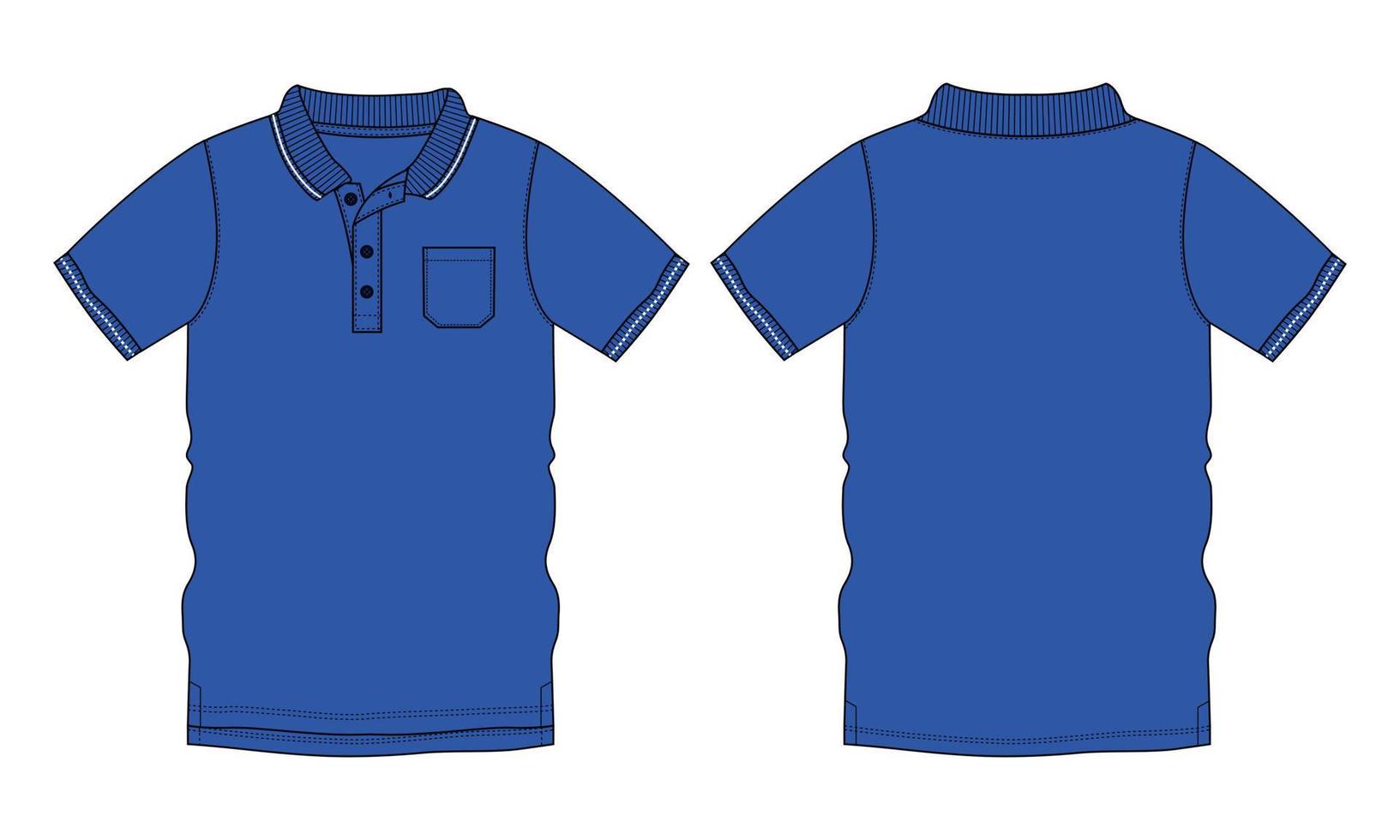 camisa polo de manga curta técnica de moda desenho plano ilustração vetorial modelo de cor azul vistas frontal e traseira vetor
