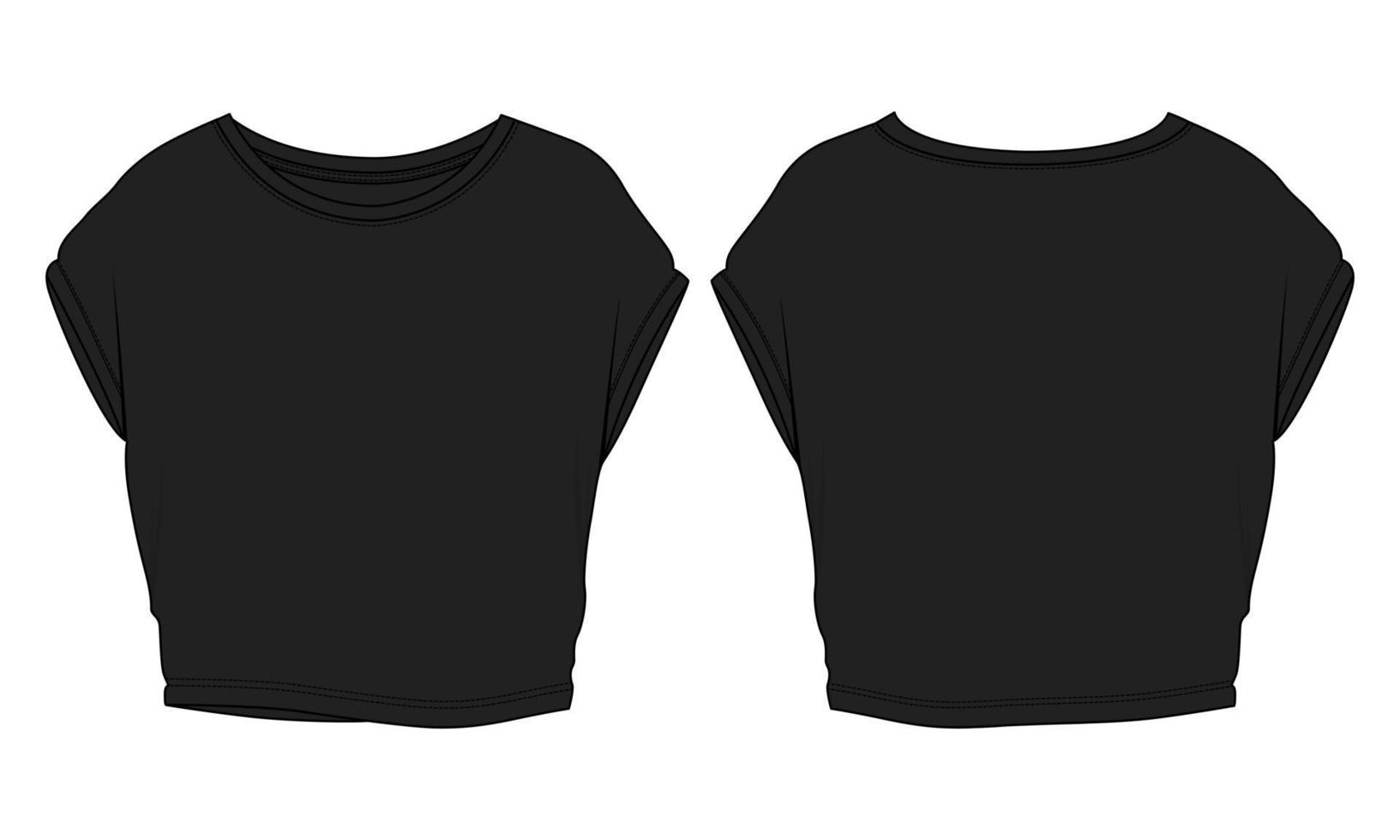 tops de corte geral de moda técnica plana ilustração vetorial modelo de cor preta para senhoras vetor