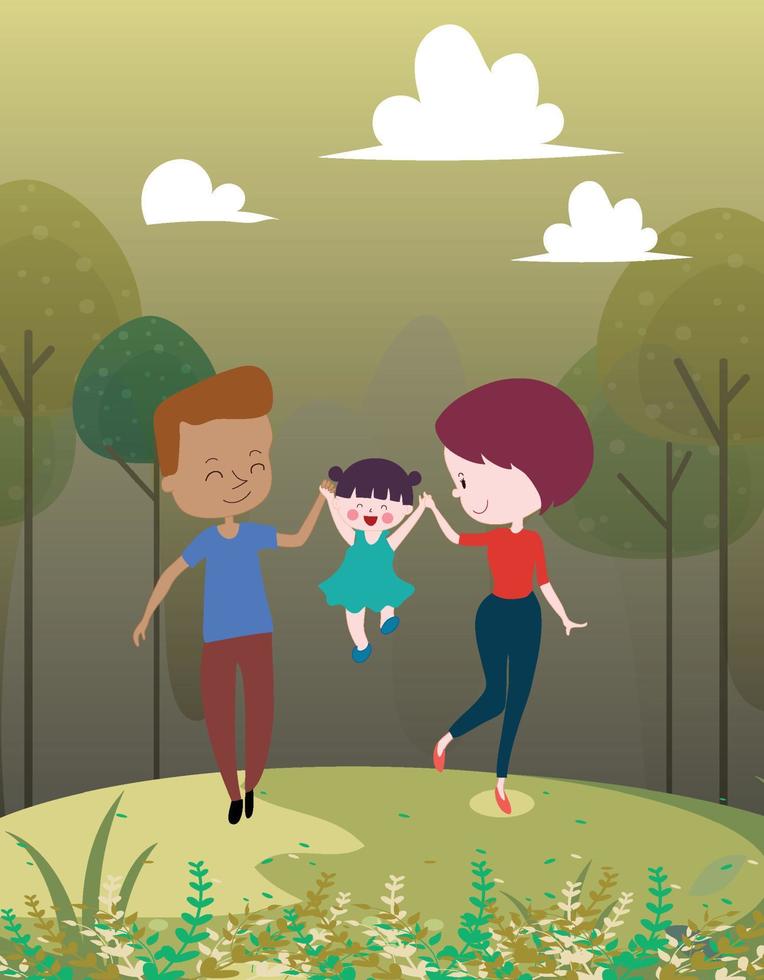família feliz com mãe, pai e filha andando no parque de mãos dadas vetor