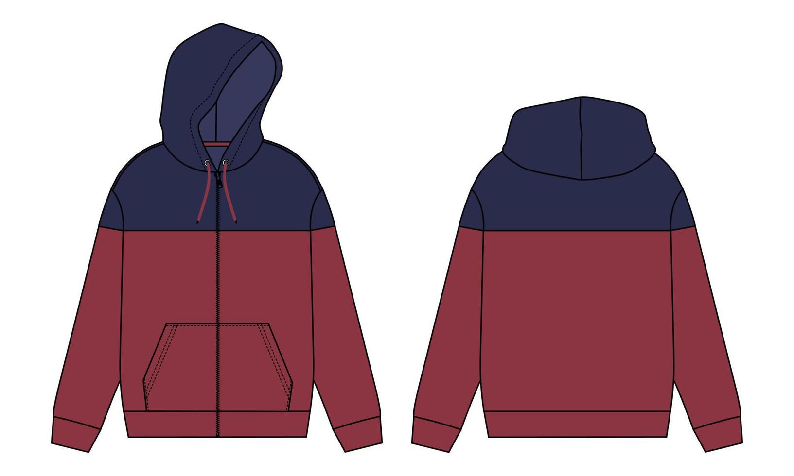 dois tons de cor manga longa hoodie ilustração vetorial modelo de cor vermelha vistas frontal e traseira. vetor