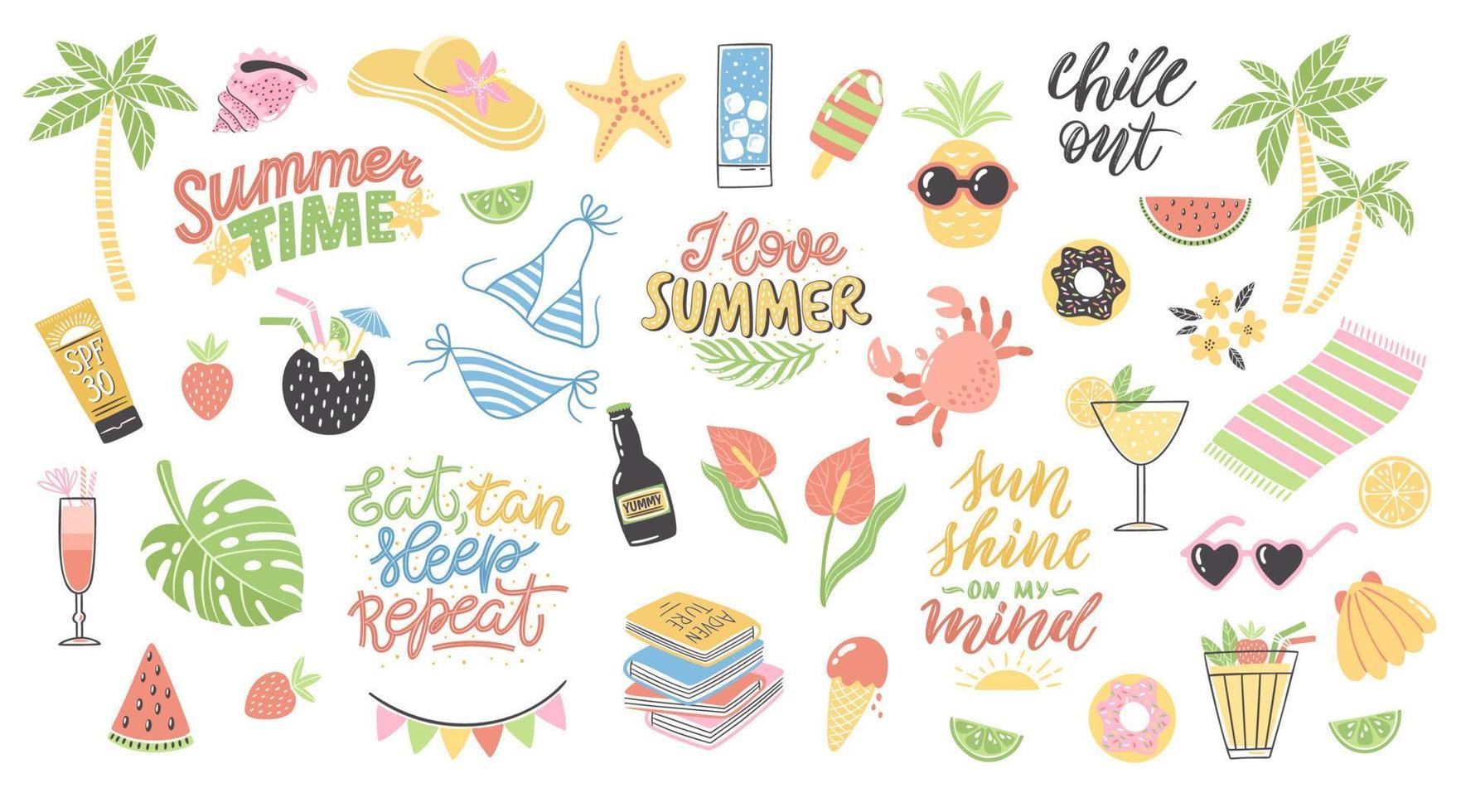 clipart de verão colorido com letras. decoração de férias desenhada à mão. design de ilustração vetorial isolado com elementos de verão como maiô, caranguejo, óculos de sol, coquetéis, rosquinha etc. vetor