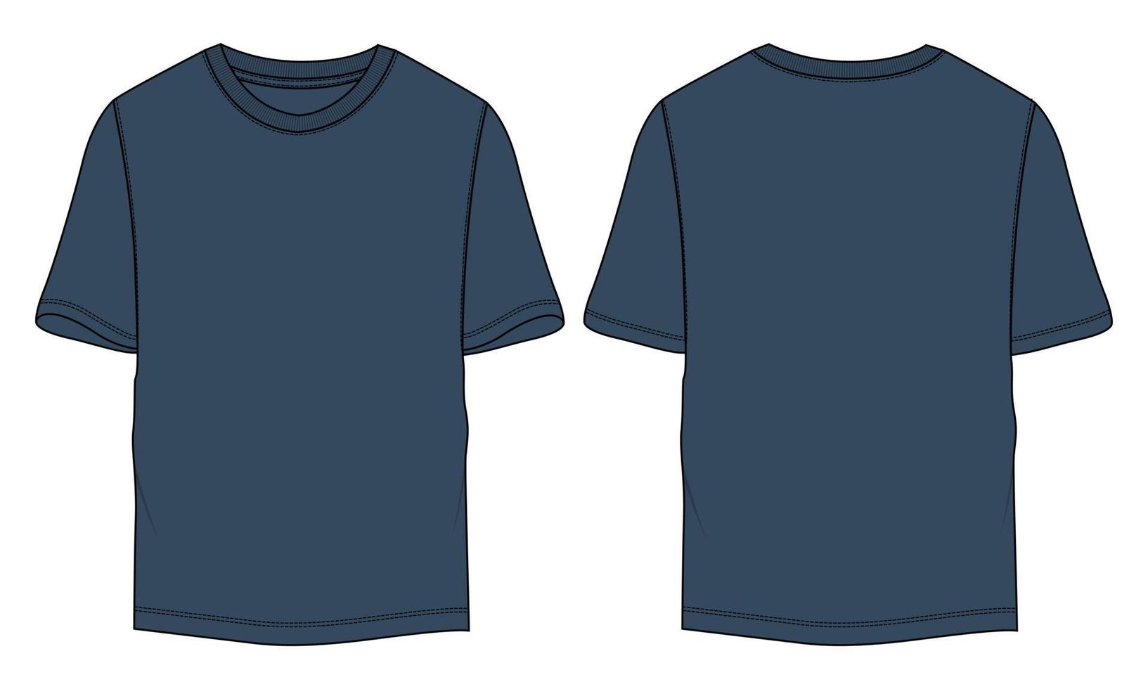 camiseta técnica de moda desenho plano ilustração vetorial modelo de cor azul vistas frontal e traseira vetor