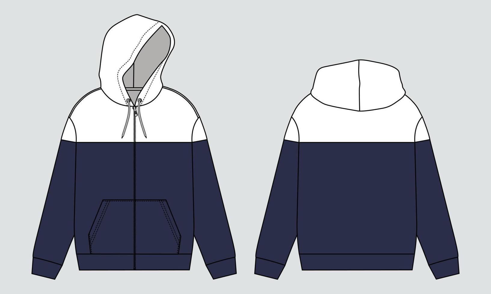 dois tons de cor manga longa hoodie ilustração vetorial modelo de cor vermelha vistas frontal e traseira. vetor