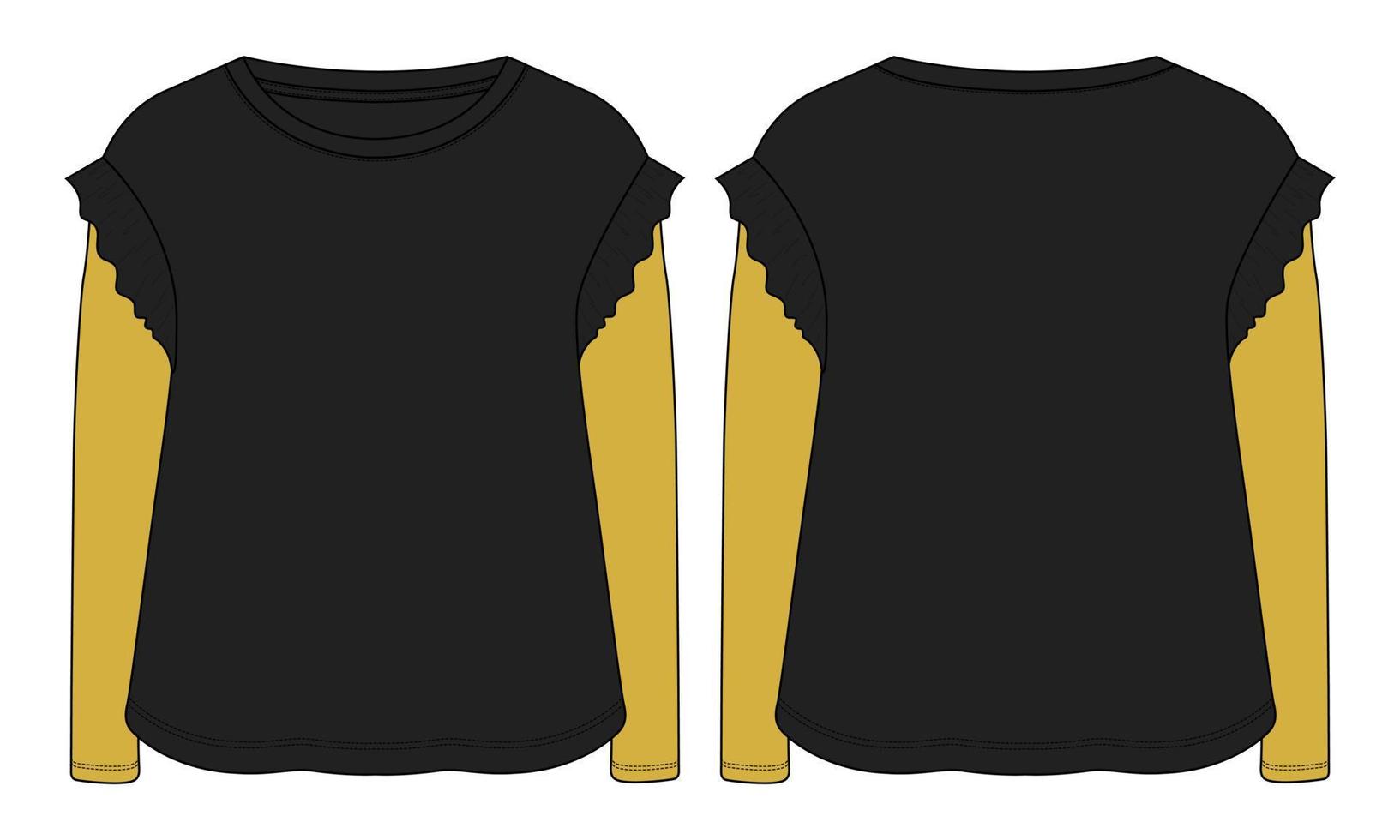 camiseta de manga longa tops técnica de moda desenho plano ilustração vetorial modelo de cor preta para meninas vetor