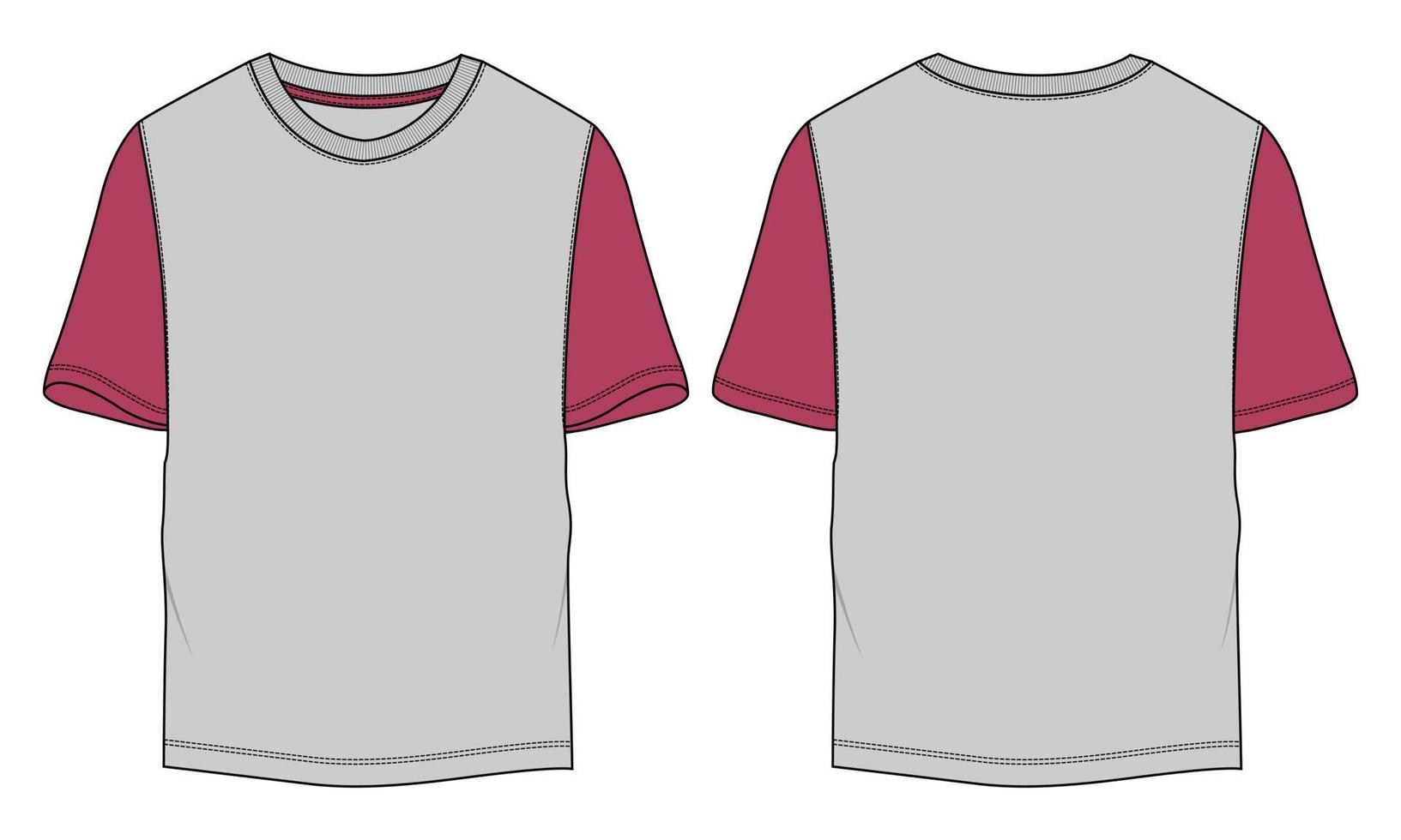 modelo de ilustração vetorial de desenho plano de moda técnica de camiseta de dois tons vermelho e cinza vetor
