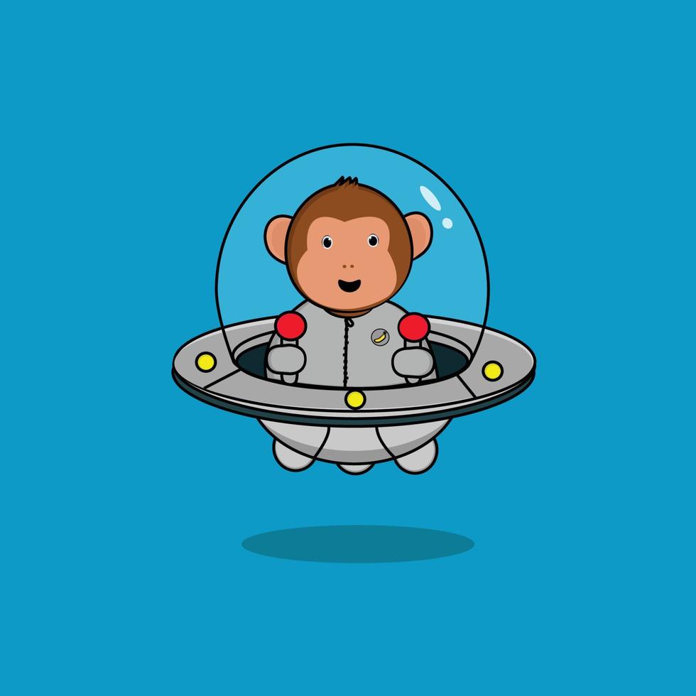 ilustração de ícones dos desenhos animados do vetor bonito astronauta de macaco dirigindo a nave espacial ufo. conceito de ícone de tecnologia de ciência de vetor isolado premium. estilo de desenho animado plano
