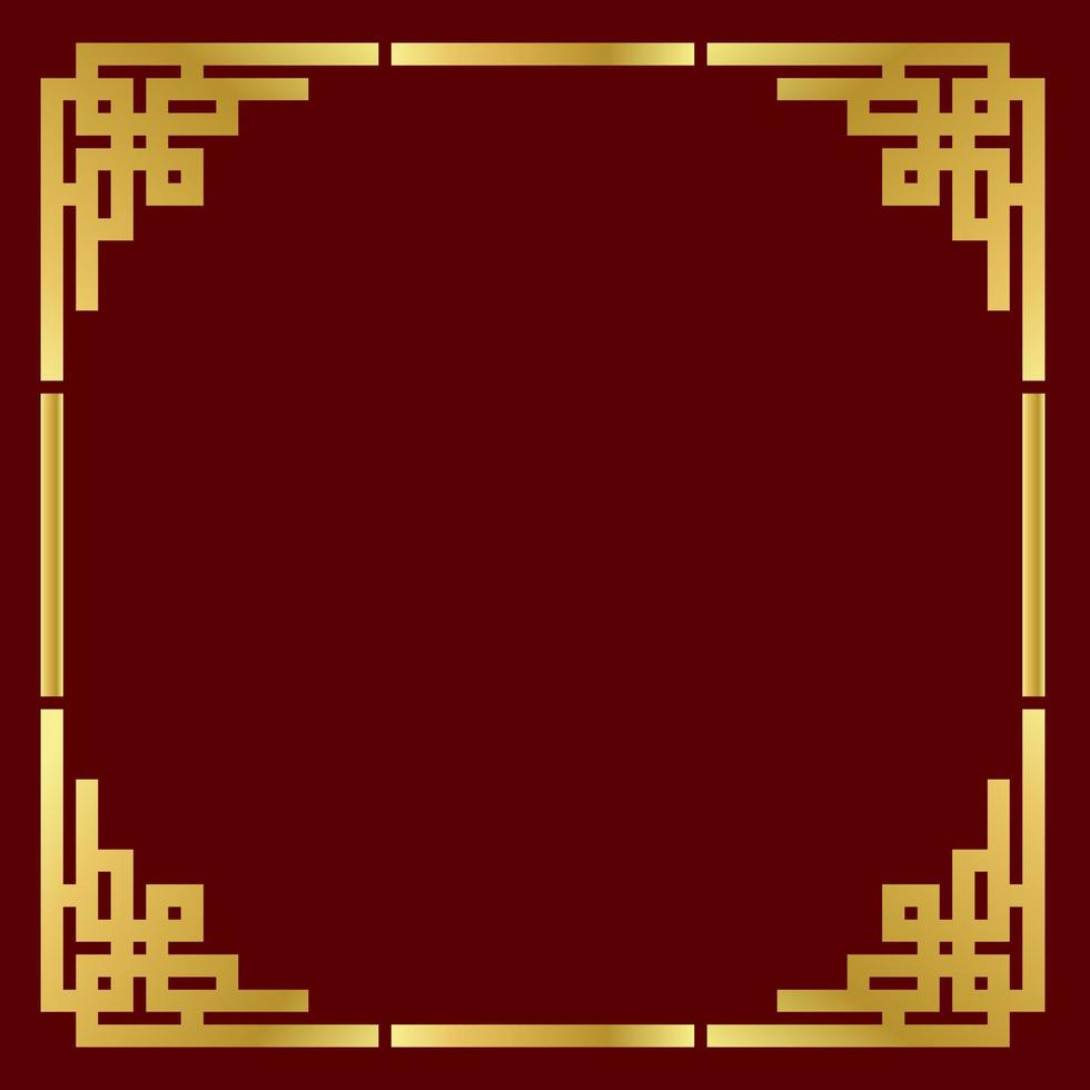 moldura de porcelana de ouro tradicional sobre fundo vermelho. ilustração vetorial plana de borda retrô chinesa, canto decorativo antigo amarelo dourado vetor