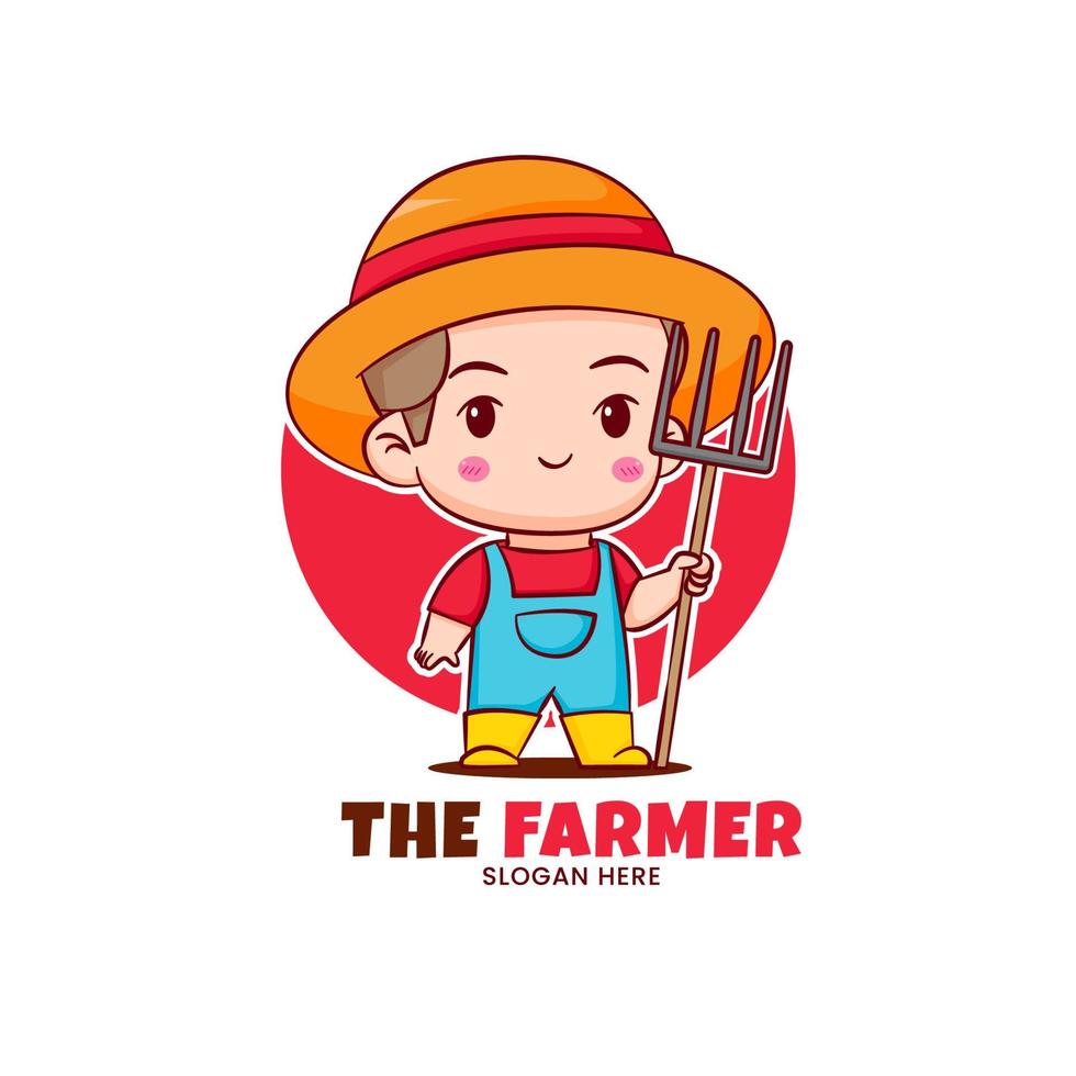 agricultor bonito segurando ancinho. personagem de desenho animado chibi. ilustração de arte de logotipo em vetor