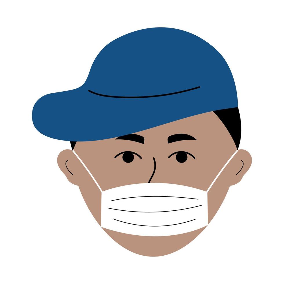 cara de menino em um boné com máscara médica. avatar colorido do homem no estilo doodle. vetor