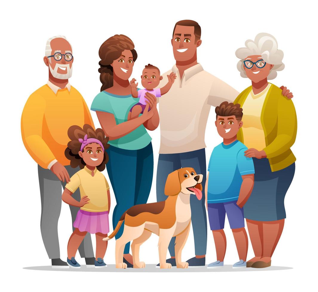 retrato de uma grande família feliz com pai, mãe, avô, avó, filhos e um animal de estimação. conceito de personagem familiar em estilo cartoon vetor