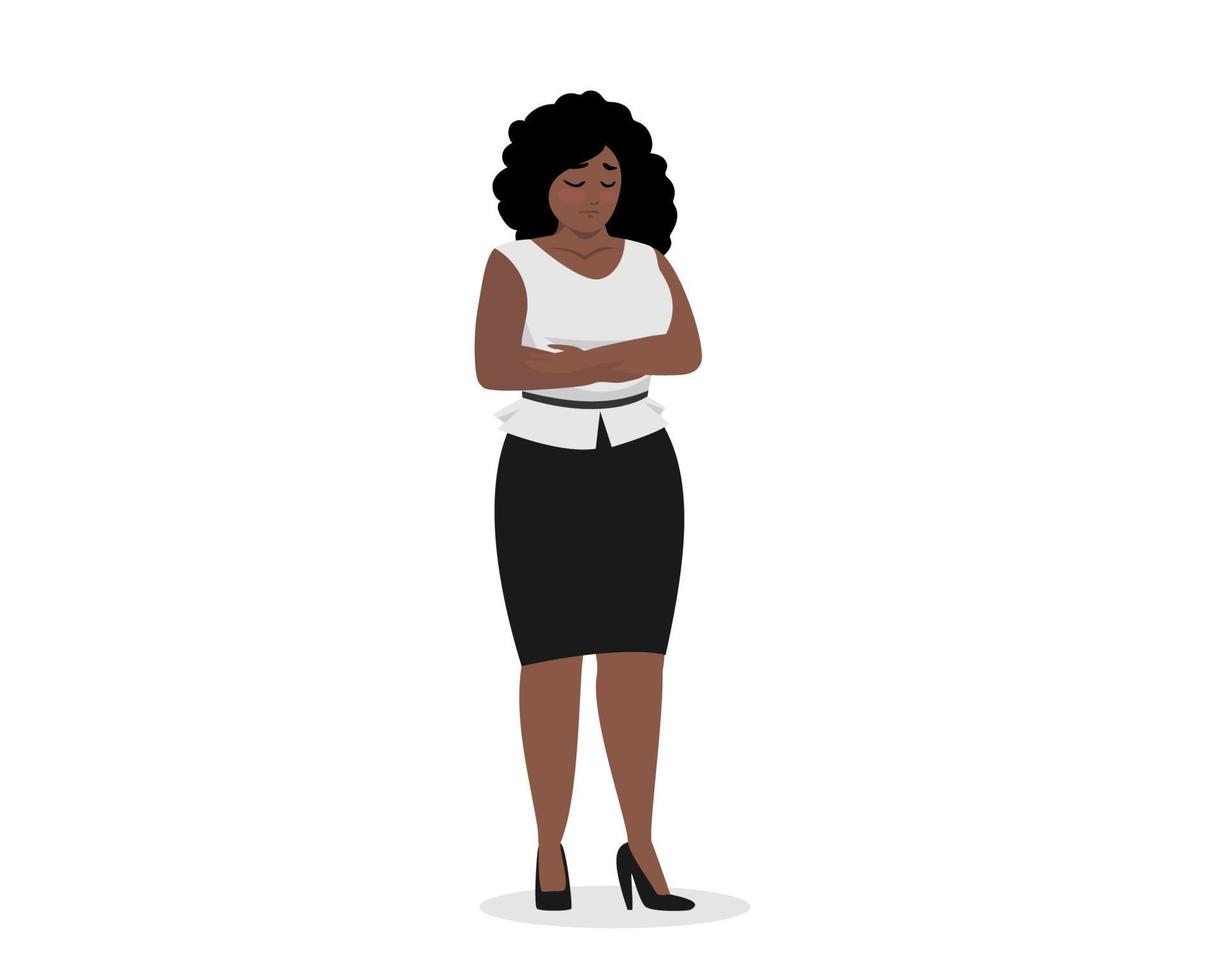 atraente empresária negra gordinha em pé e triste. mulher de negócios americano africano obeso infeliz com excesso de peso corpo plus size. garota de ébano adulta gorda e curvilínea. problemas de excesso de peso feminino. vetor eps