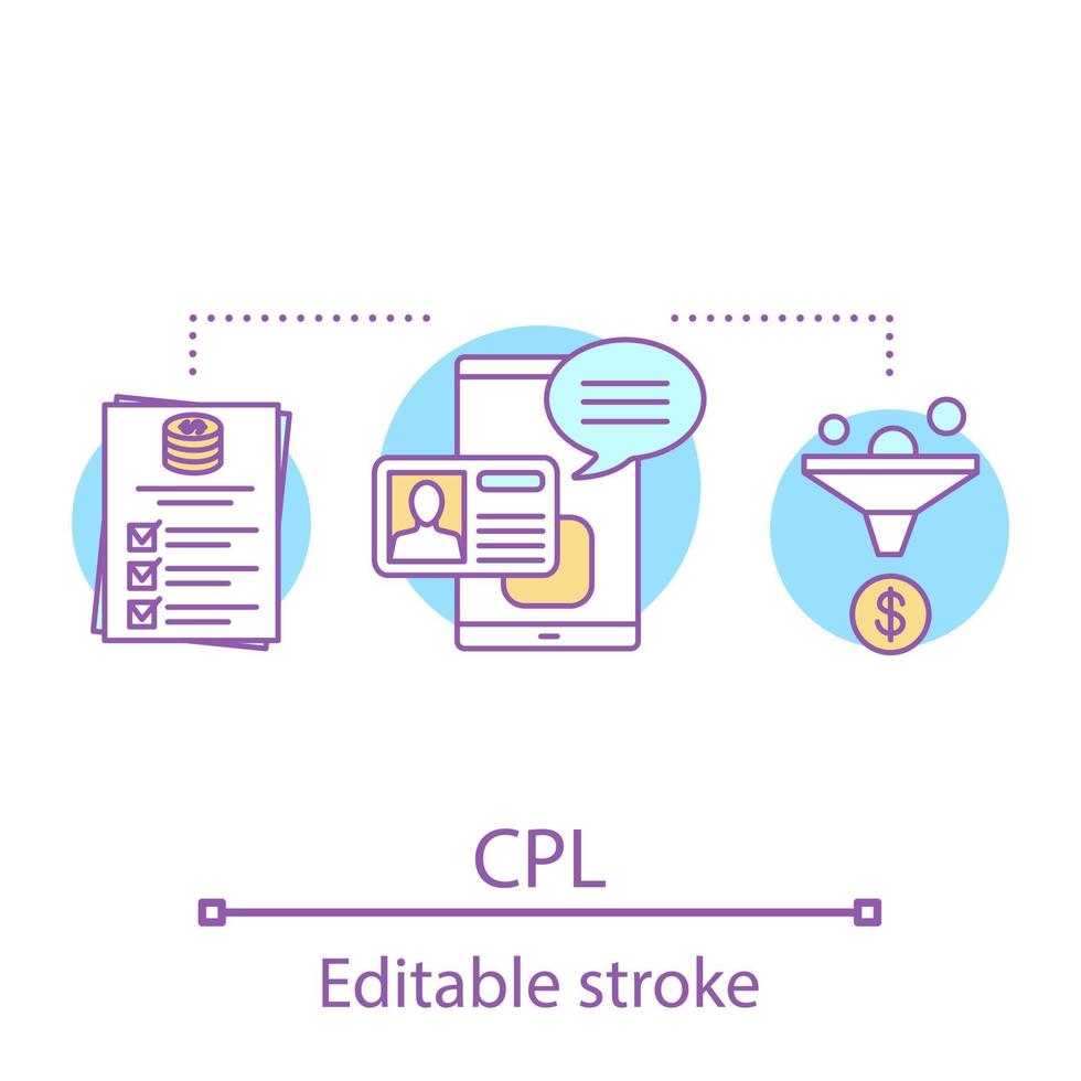 ícone do conceito cpl. custo por ilustração de linha fina de ideia de chumbo. taxa de conversão de vendas. lealdade do consumidor. desenho de contorno isolado de vetor. traço editável vetor