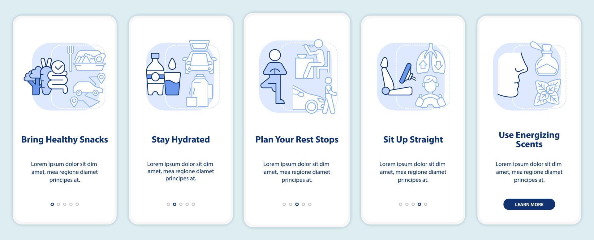 hábitos saudáveis de viagem por estrada tela de aplicativo móvel de integração azul claro. passo a passo 5 passos de instruções gráficas editáveis com conceitos lineares. ui, ux, modelo de gui. vetor