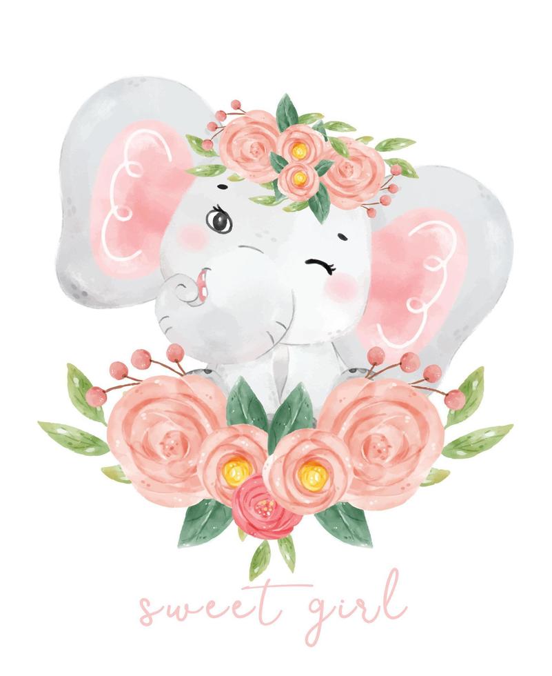 lindo e doce bebê elefante menina sorriso adorável sente-se no buquê de flores, desenho animado animal em aquarela ilustração desenhada por han vetor