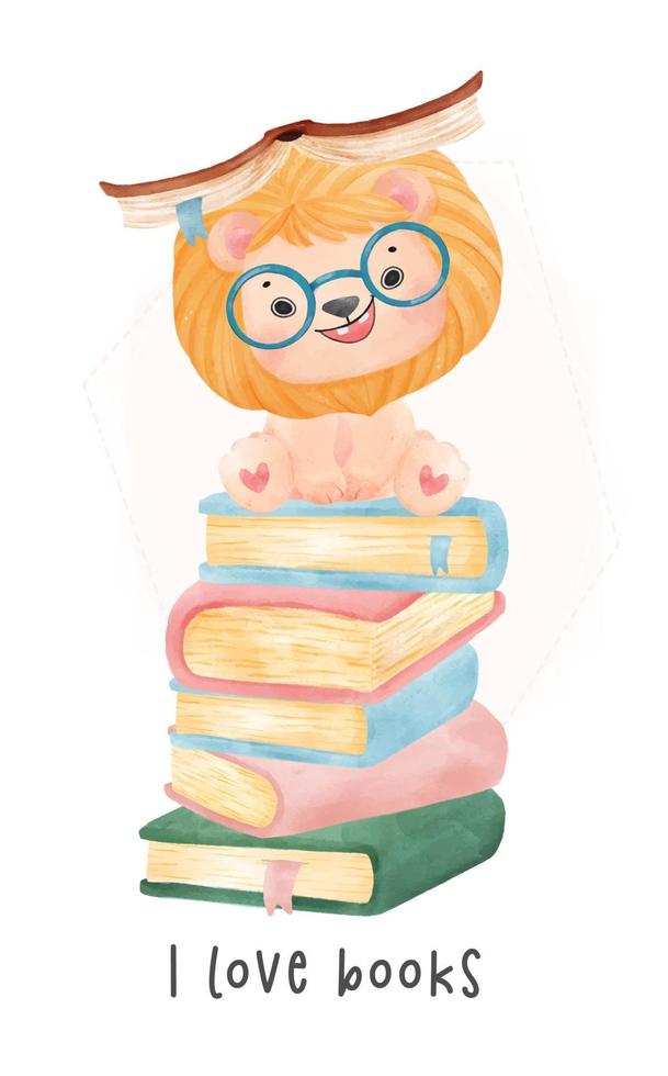 lindos leões nerds felizes em aquarela sentados em pilhas de livros, eu amo livros, volta ao vetor de aquarela de animais de desenho animado da escola