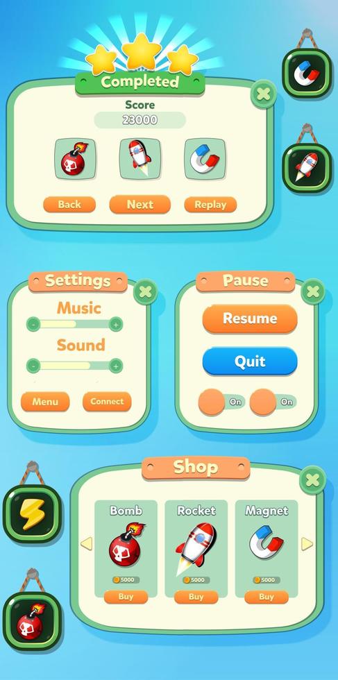 kit de interface do usuário do jogo com menus, pop-up, telas e elementos do jogo vetor