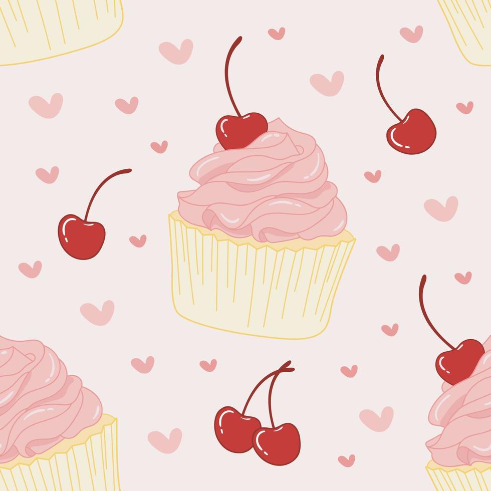 cupcake rosa sem costura padrão cereja fofo vetor