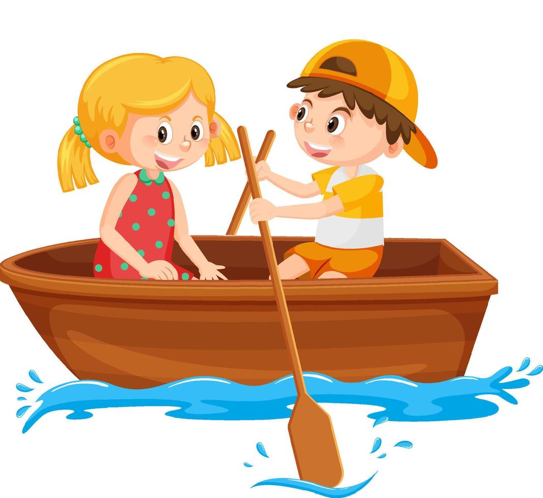 menino e menina remam o barco no fundo branco vetor