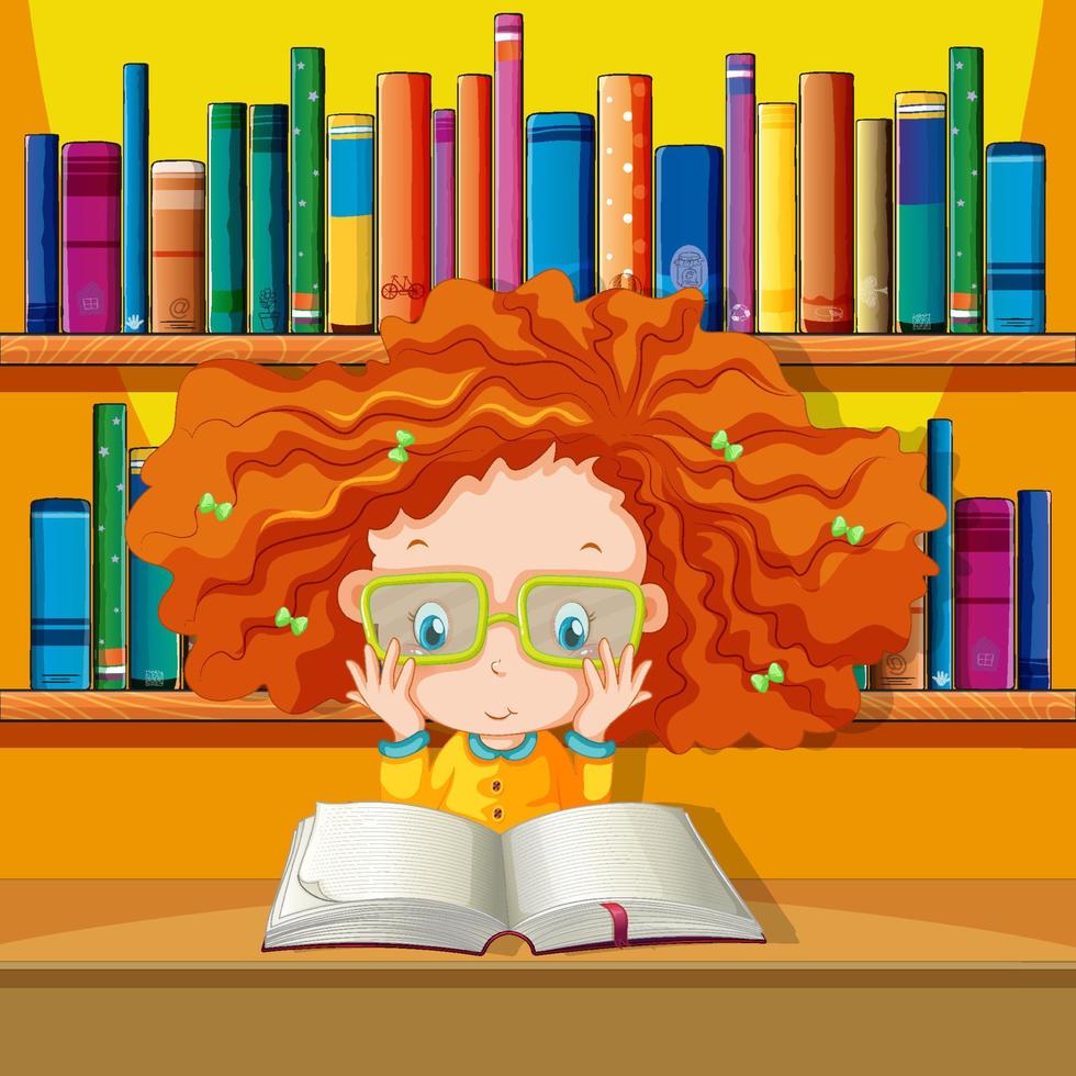 uma menina lendo um livro na biblioteca vetor
