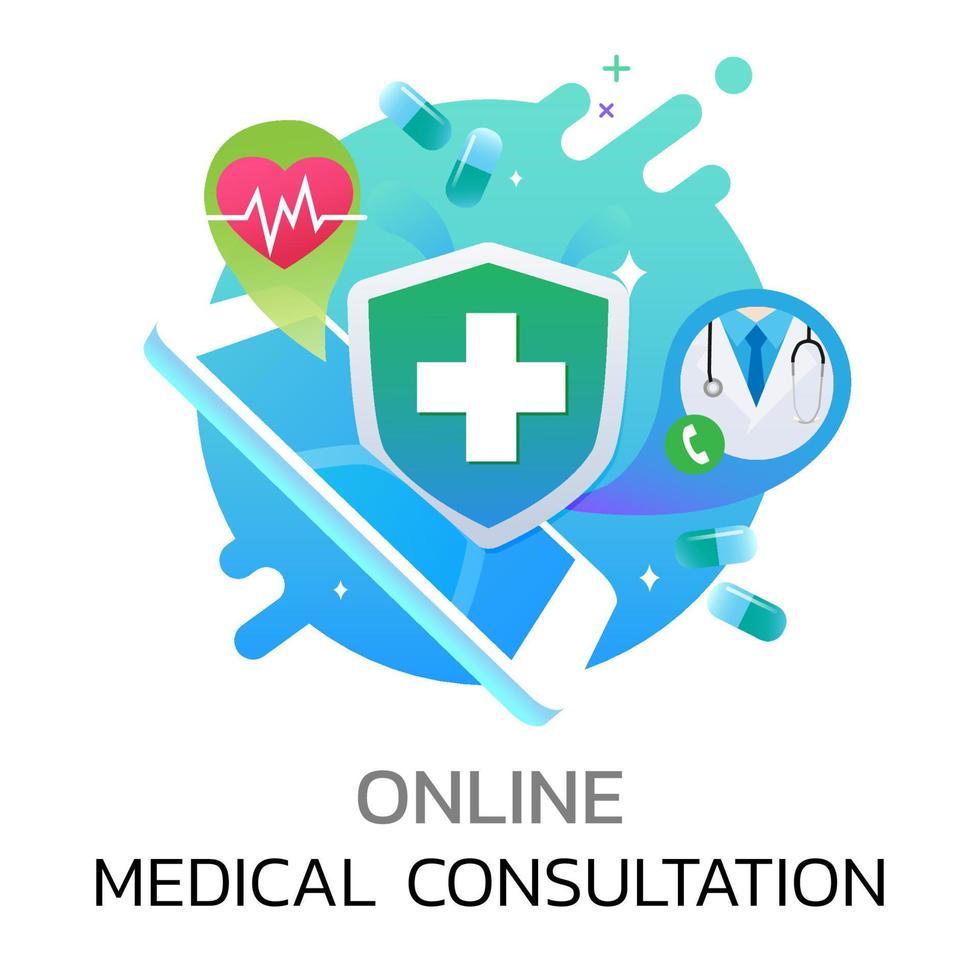 consulta médica on-line sobre o conceito de tecnologia de aplicativos móveis, assistência médica on-line e diagnóstico vetor