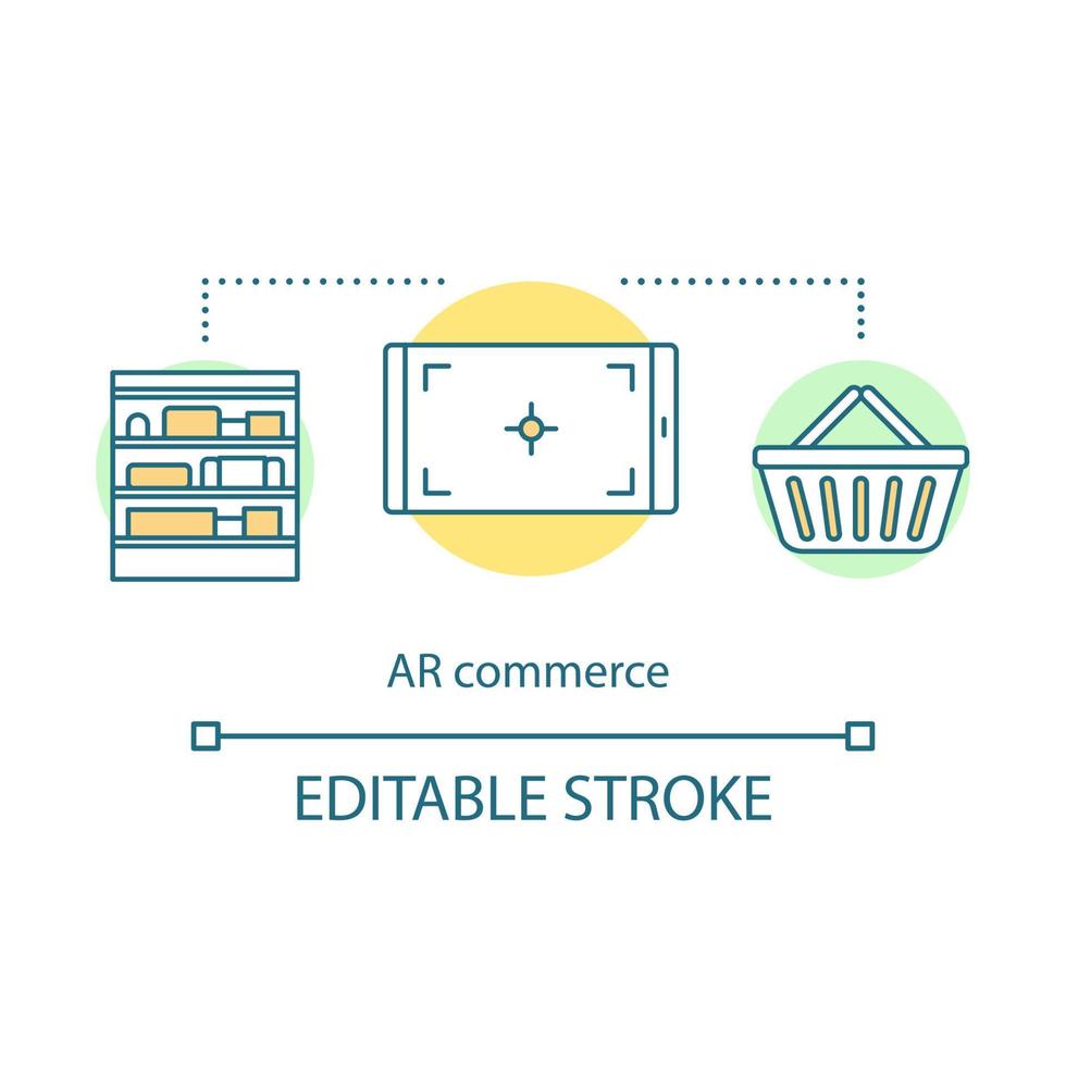 ícone do conceito de comércio ar. mercado virtual. compra em e-commerce. vc compra. ilustração de linha fina de ideia de tecnologia de realidade aumentada. desenho de contorno isolado de vetor. traço editável vetor