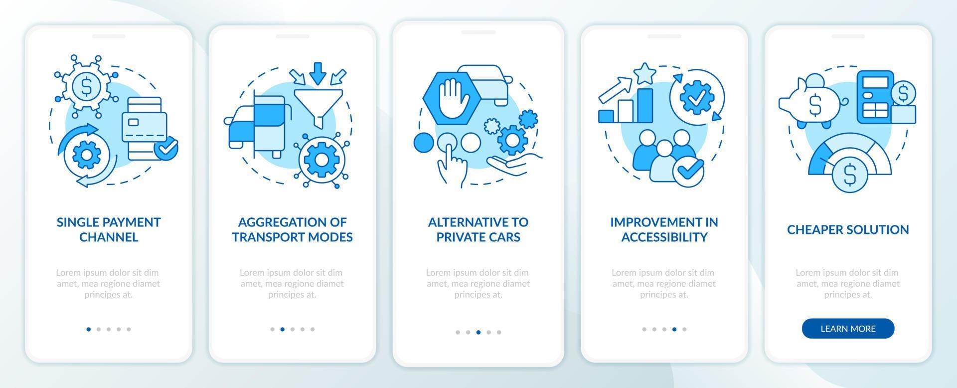 mobilidade como valor de serviço tela de aplicativo móvel de integração azul. apresenta instruções gráficas editáveis passo a passo de 5 etapas com conceitos lineares. ui, ux, modelo de gui. vetor