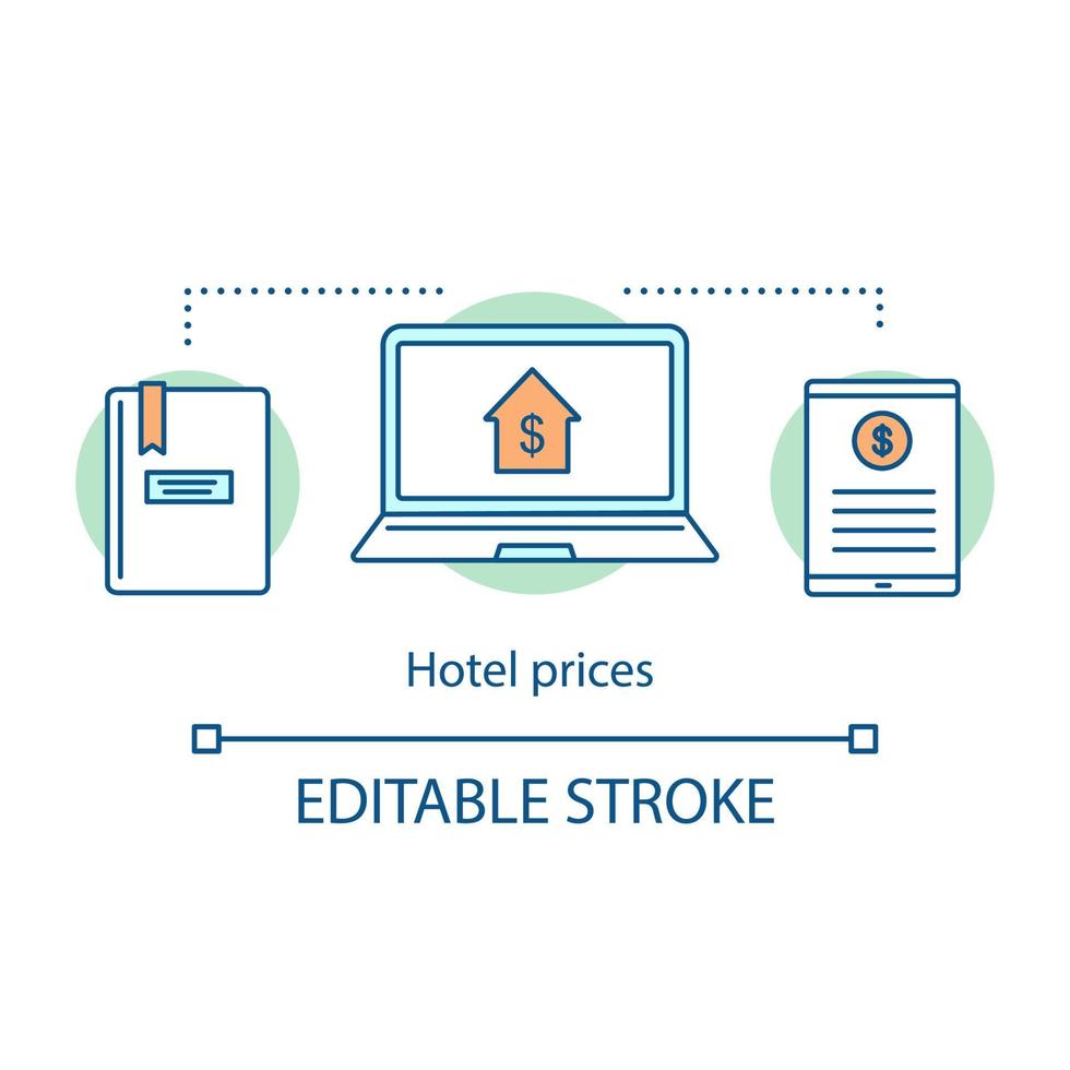 ícone de conceito de preços de hotel. verificação do custo do quarto. fatura de serviços. crescimento do lucro. internet banking. comparação de preços, ilustração de linha fina de ideia de rastreamento. desenho isolado de vetor. traço editável vetor