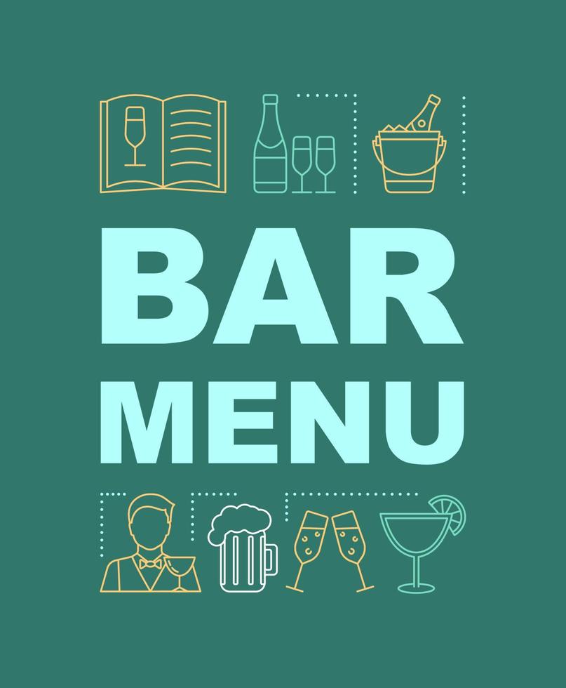 banner de conceitos de palavra de menu de barra. bebidas alcoólicas. mapa de bebida alcoólica. festa alco. apresentação, site. ideia de tipografia de letras isoladas com ícones lineares. ilustração de contorno vetorial vetor