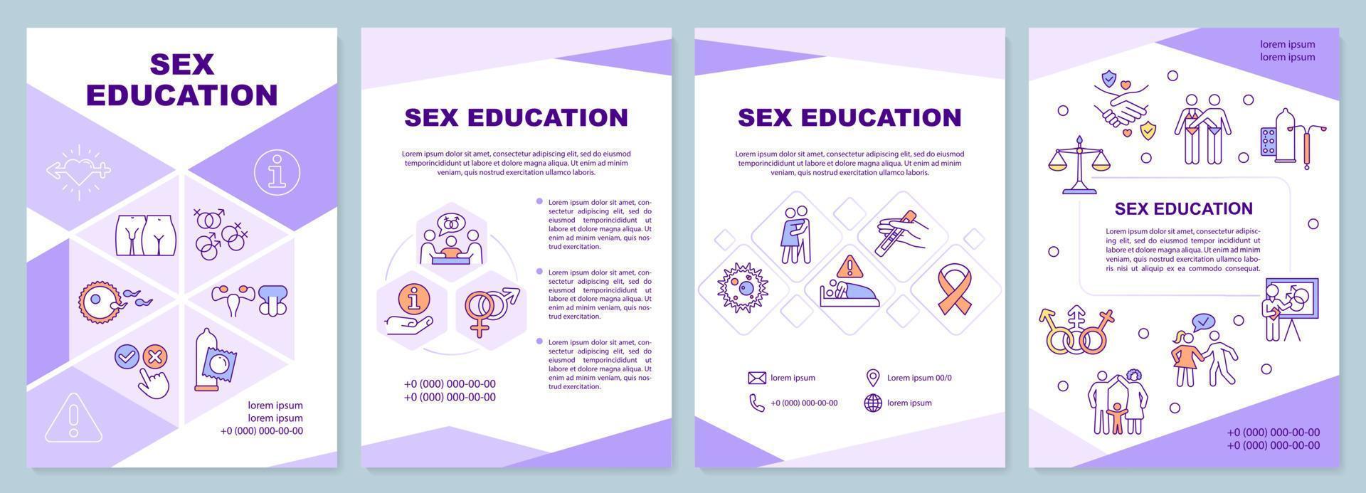 modelo de folheto roxo de conscientização de educação sexual. design de folheto com ícones lineares. 4 layouts vetoriais editáveis para apresentação, relatórios anuais. vetor