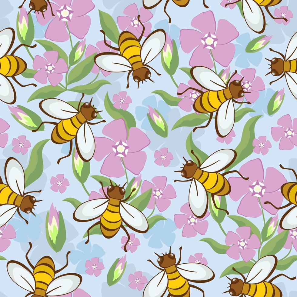 sem costura padrão floral de vetor com abelhas em flores cor de rosa.