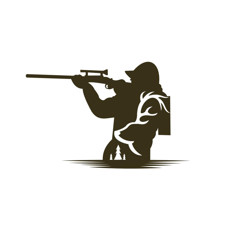 a silhueta negra do caçador, atirador com rifle, clube de caçadores, ícone de símbolo de caça ao veado vetor